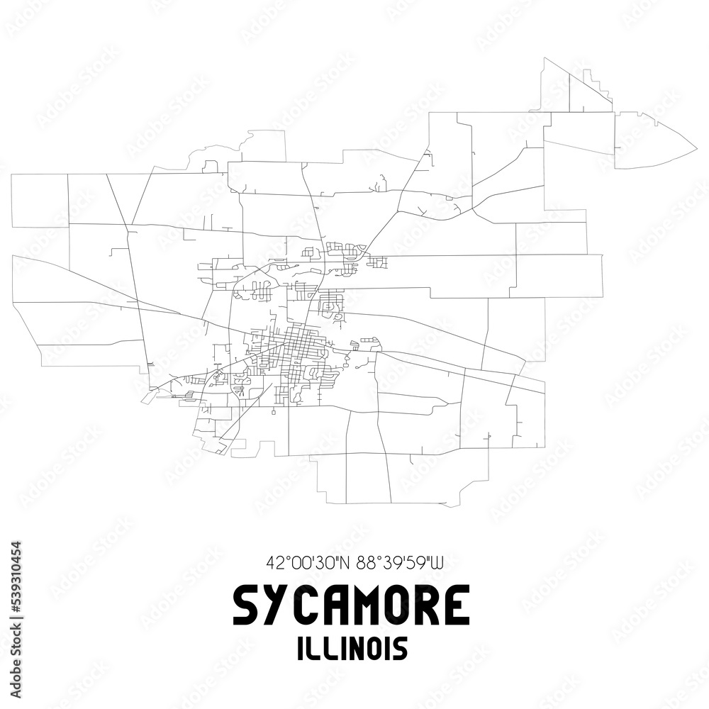 Sycamore Illinois. US street map with black and white lines.