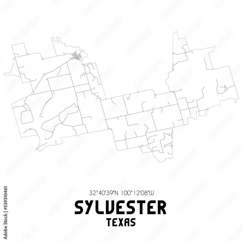 Sylvester Texas. US street map with black and white lines.