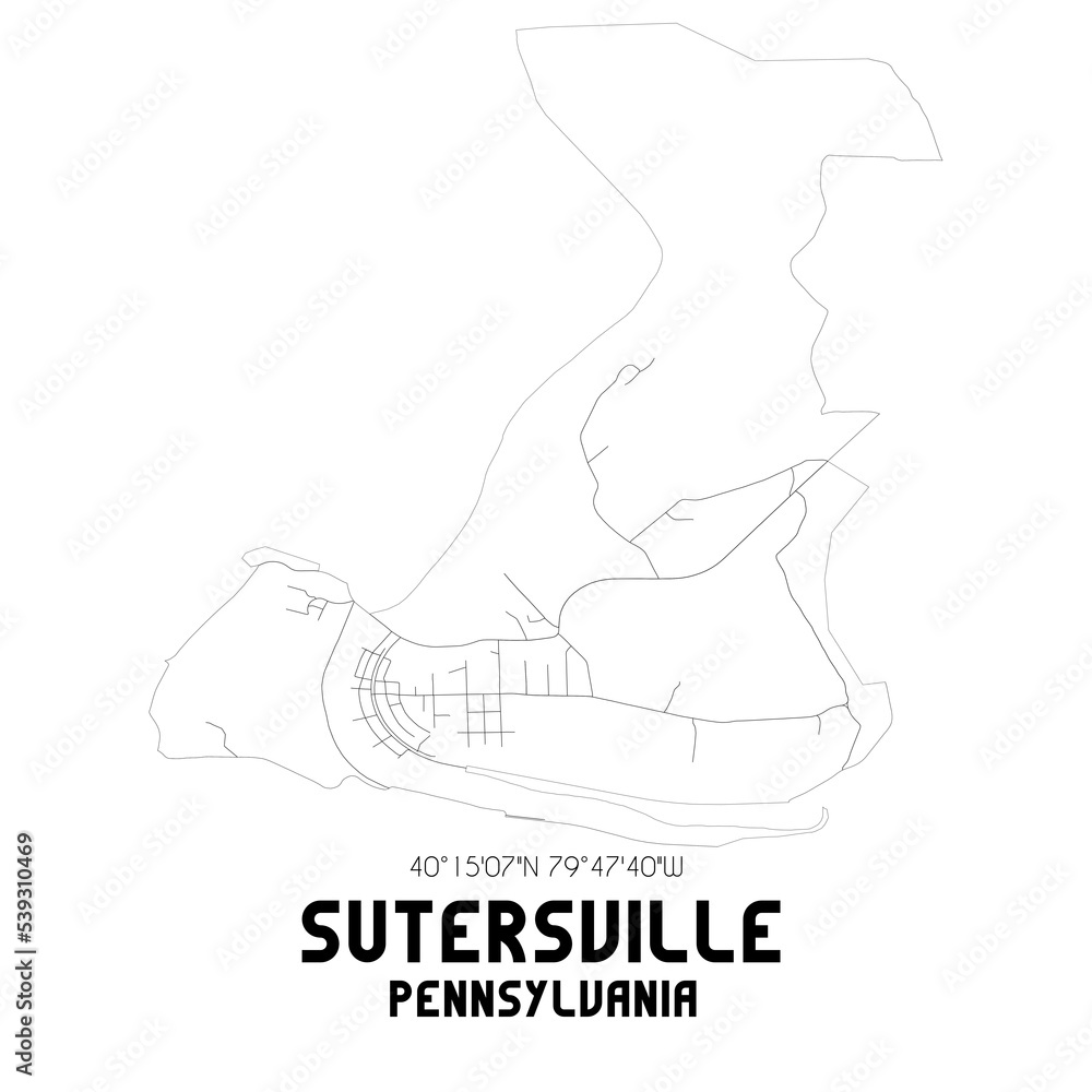 Sutersville Pennsylvania. US street map with black and white lines.