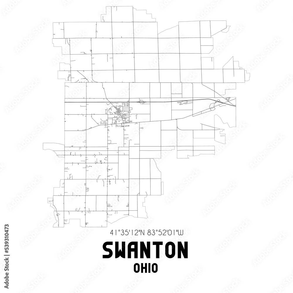 Swanton Ohio. US street map with black and white lines.