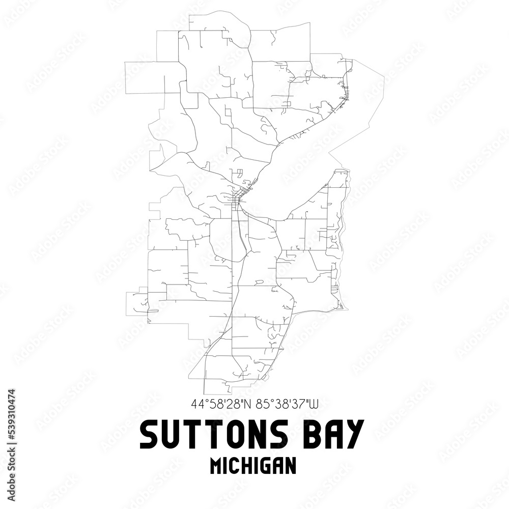 Suttons Bay Michigan. US street map with black and white lines.