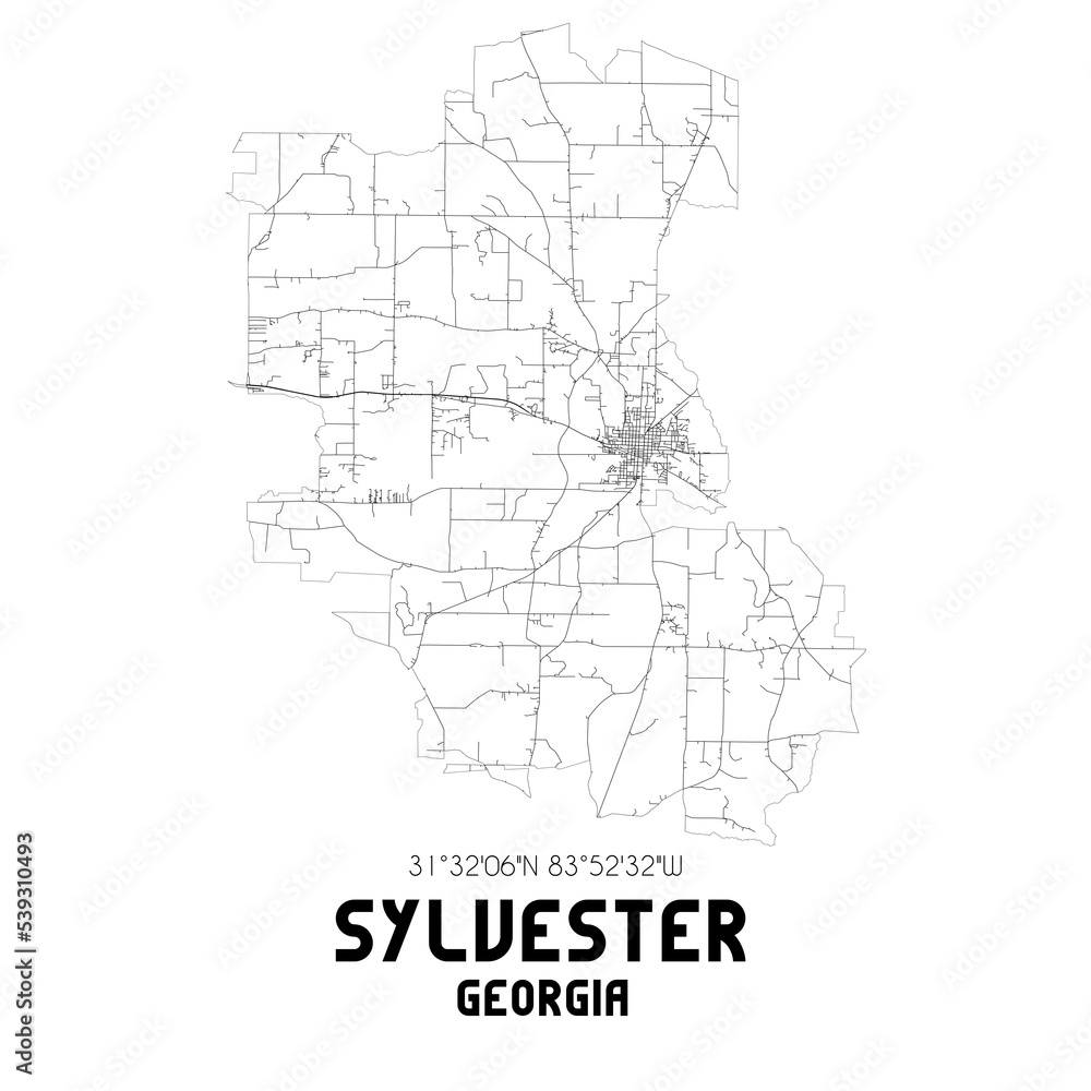 Sylvester Georgia. US street map with black and white lines.