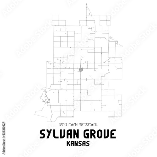 Sylvan Grove Kansas. US street map with black and white lines.