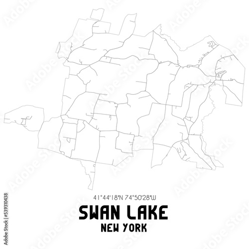 Swan Lake New York. US street map with black and white lines.
