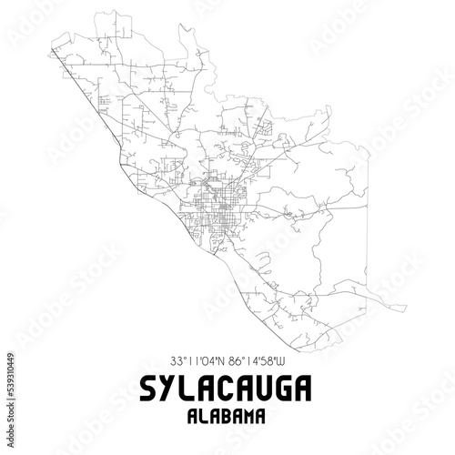 Sylacauga Alabama. US street map with black and white lines.