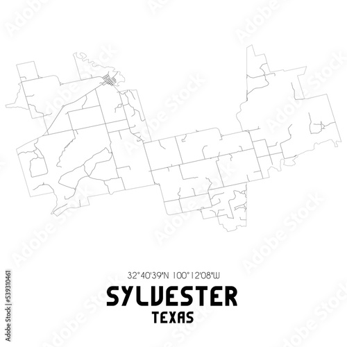 Sylvester Texas. US street map with black and white lines.
