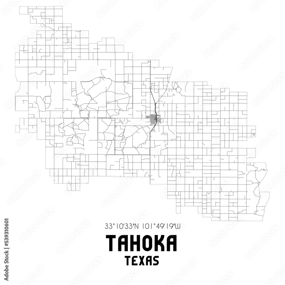 Tahoka Texas. US street map with black and white lines.