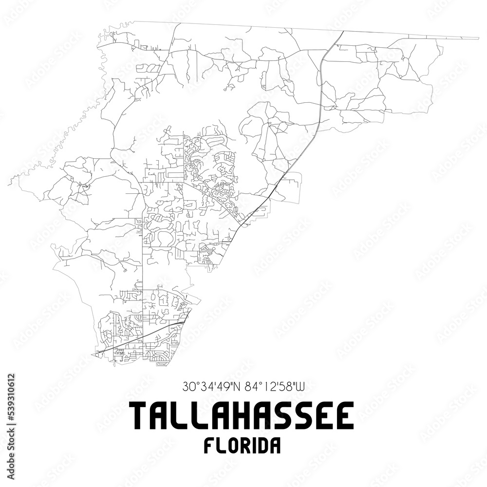 Tallahassee Florida. US street map with black and white lines.