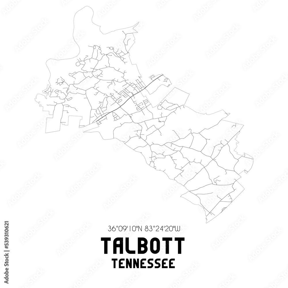 Talbott Tennessee. US street map with black and white lines.