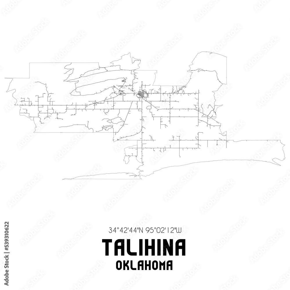 Talihina Oklahoma. US street map with black and white lines.