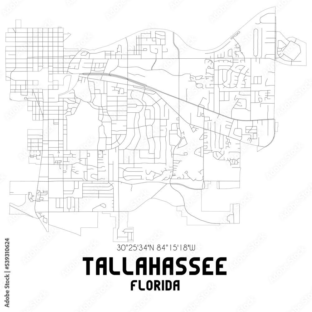 Tallahassee Florida. US street map with black and white lines.