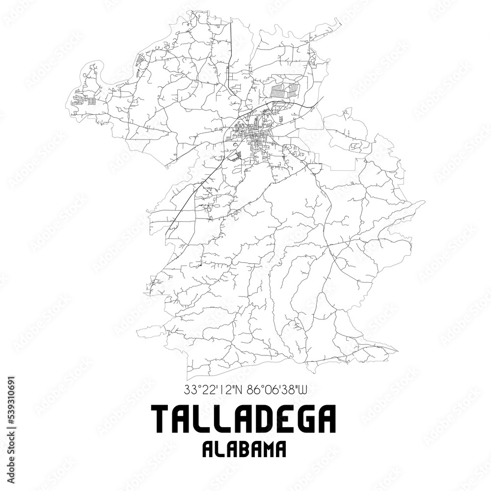 Talladega Alabama. US street map with black and white lines. Stock