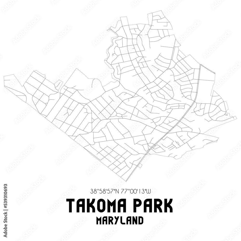 Takoma Park Maryland. US street map with black and white lines.