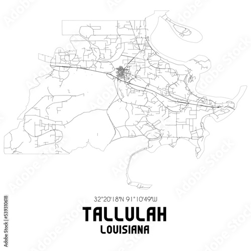 Tallulah Louisiana. US street map with black and white lines.