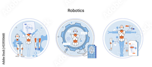 Robotics scientific and technical, metaphor production and application of robots. Programmable mechanical device building robot in lab. Robotic arm industrial smart manufacture. Cyber-physical systems