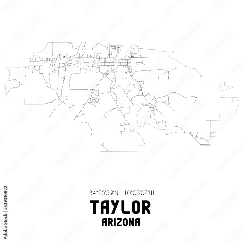 Taylor Arizona. US street map with black and white lines.