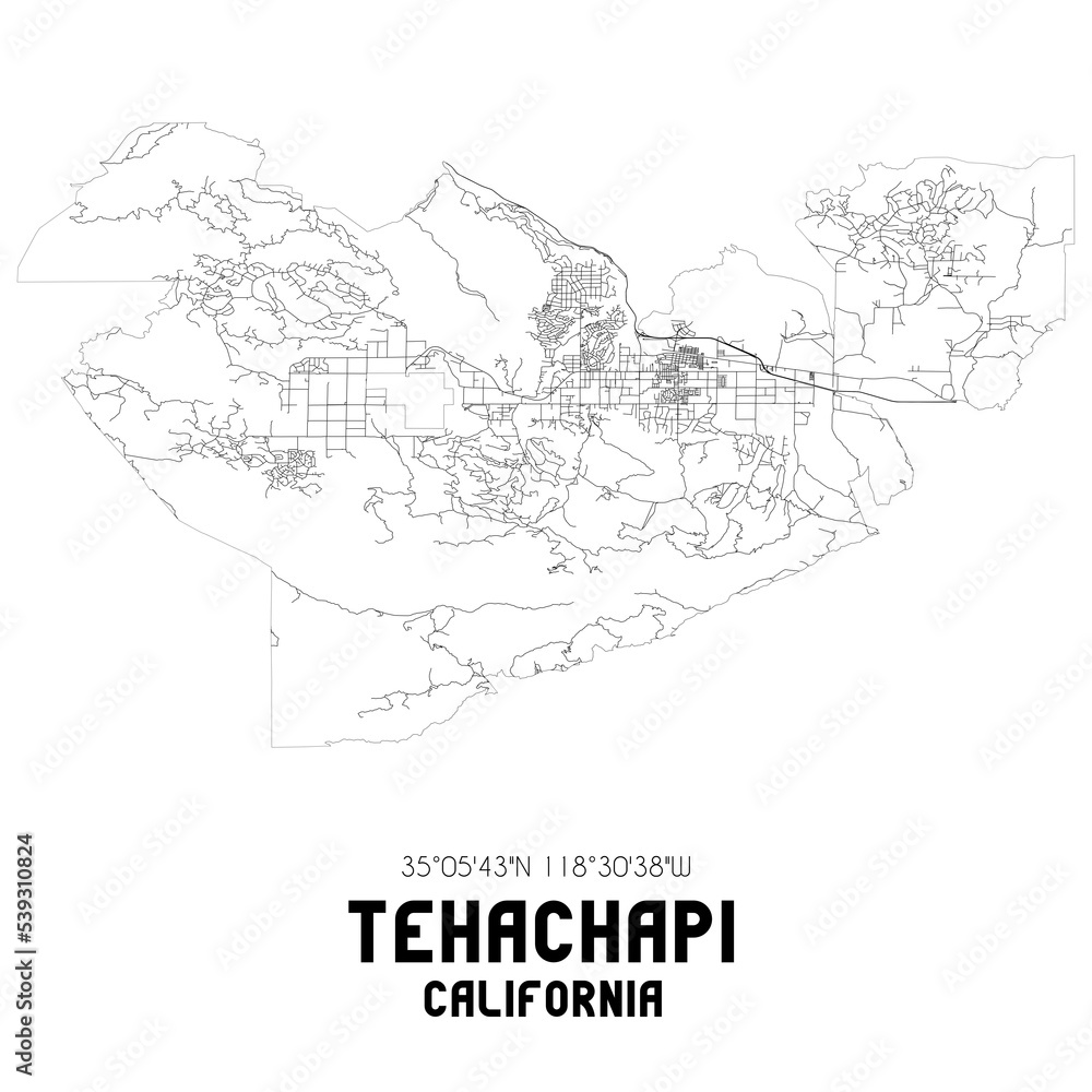 Naklejka premium Tehachapi California. US street map with black and white lines.