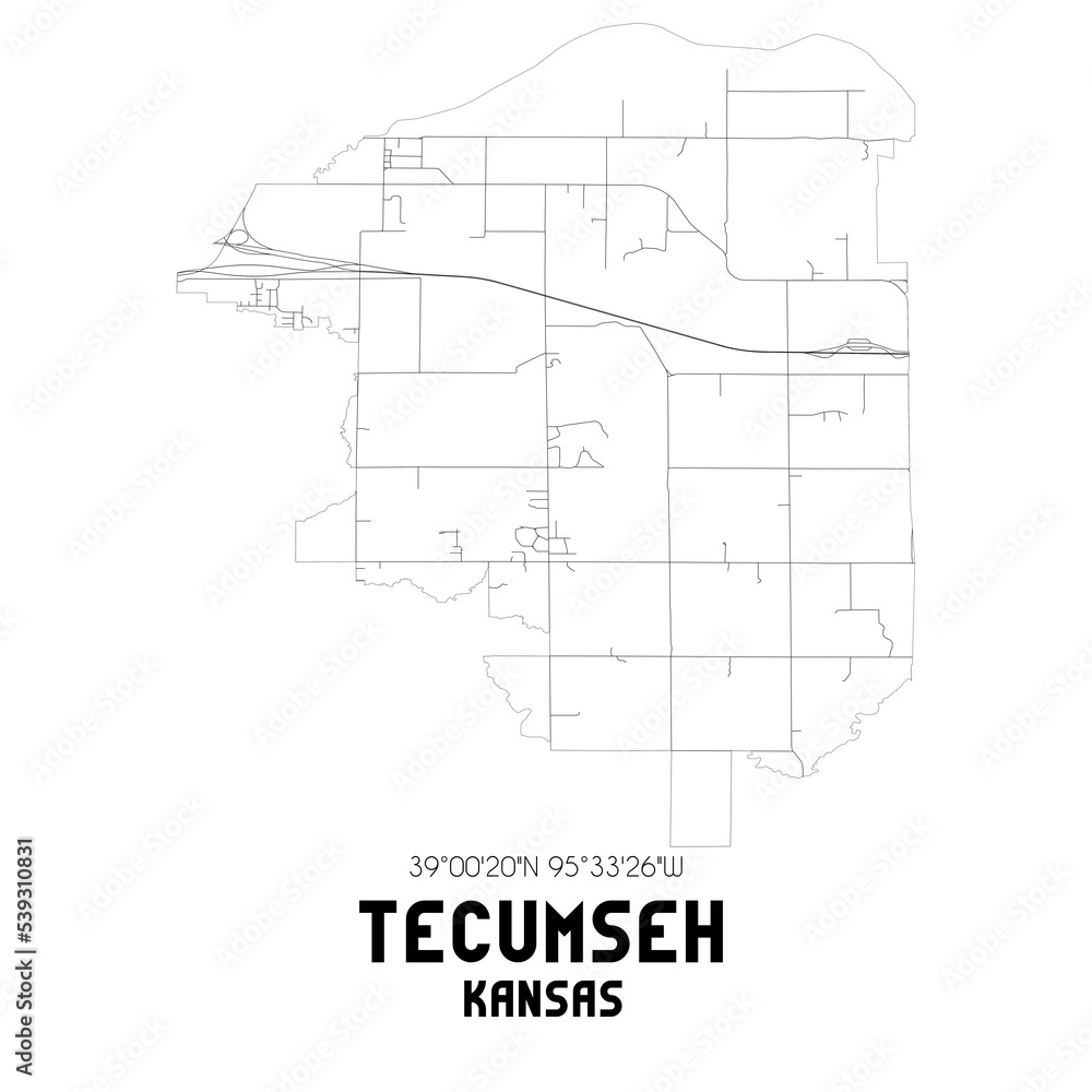 Tecumseh Kansas. US street map with black and white lines.