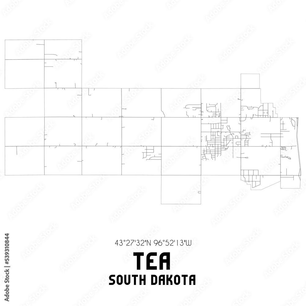 Tea South Dakota. US street map with black and white lines.