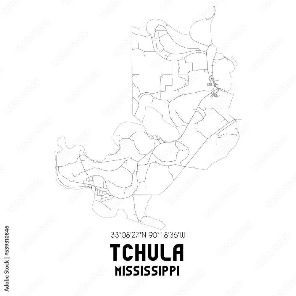 Tchula Mississippi. US street map with black and white lines.