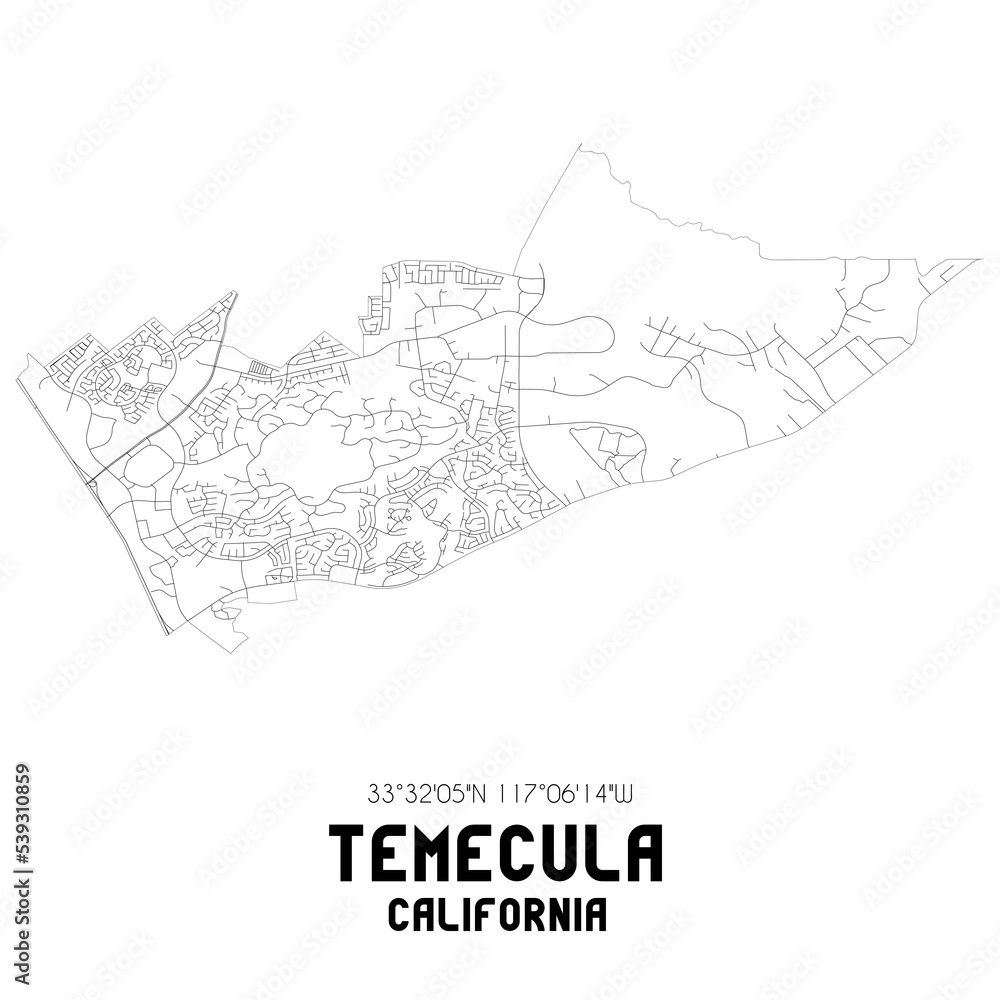 Fototapeta mapa świata dla dzieci Temecula California. US street map with black and white lines