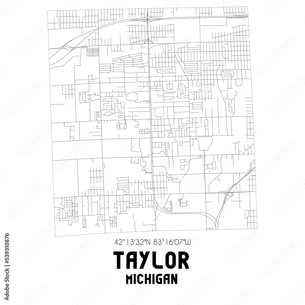 Taylor Michigan. US street map with black and white lines.