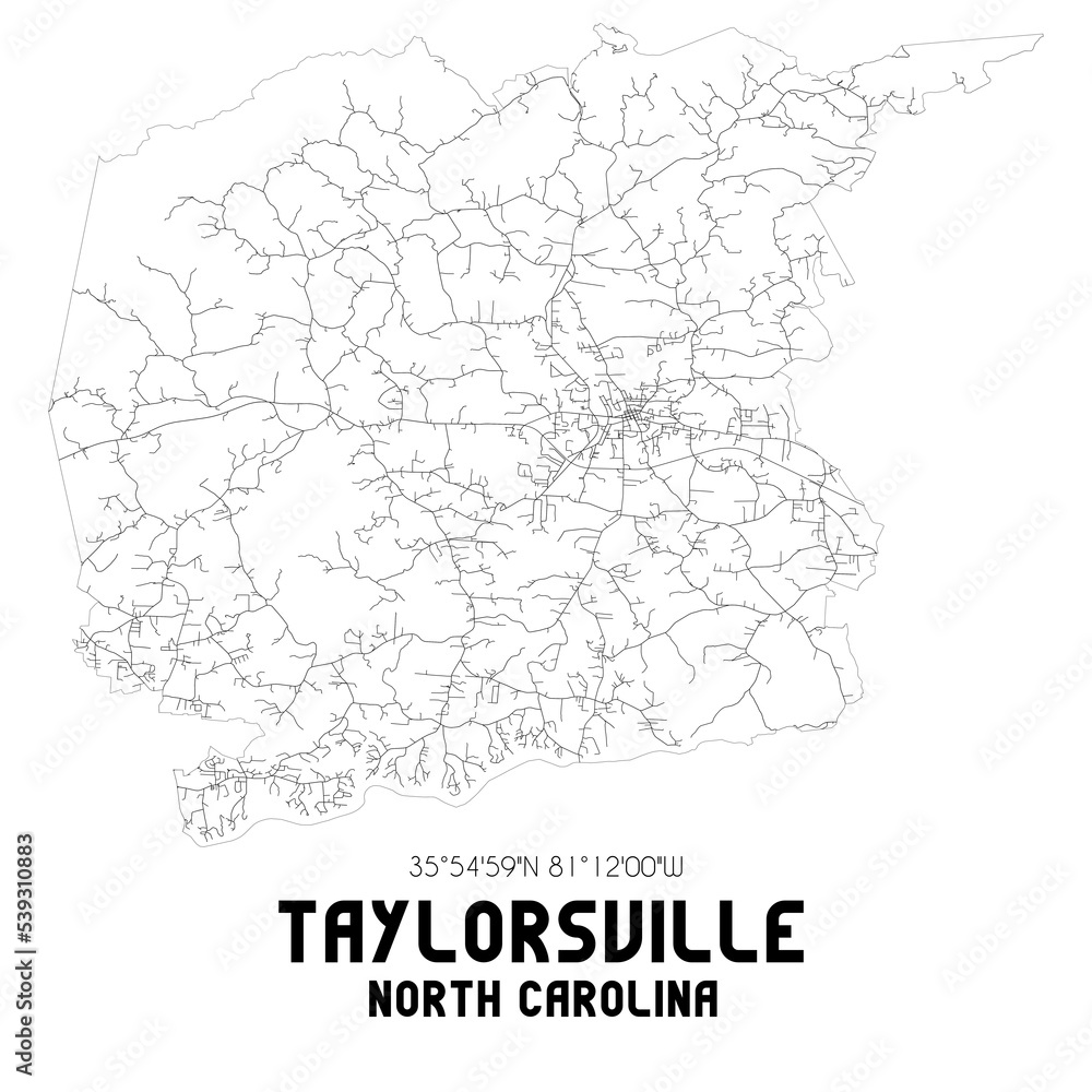 Taylorsville North Carolina. US street map with black and white lines.