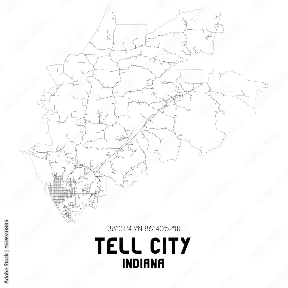 Tell City Indiana. US street map with black and white lines.