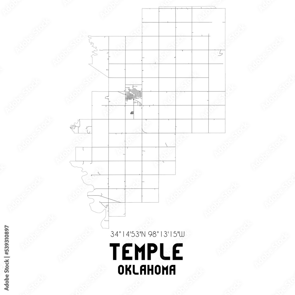Temple Oklahoma. US street map with black and white lines.