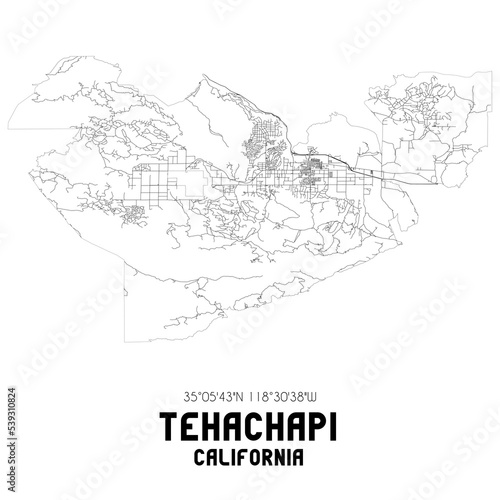 Tehachapi California. US street map with black and white lines.