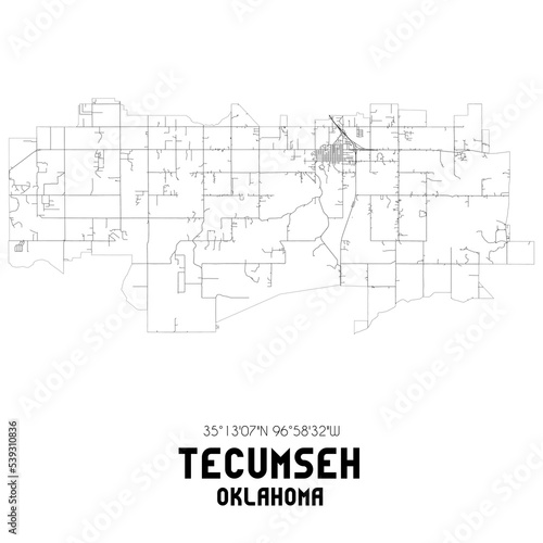 Tecumseh Oklahoma. US street map with black and white lines.