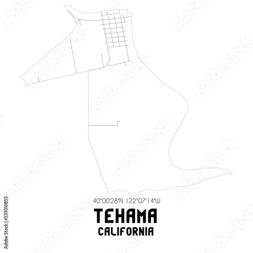 Tehama California. US street map with black and white lines.