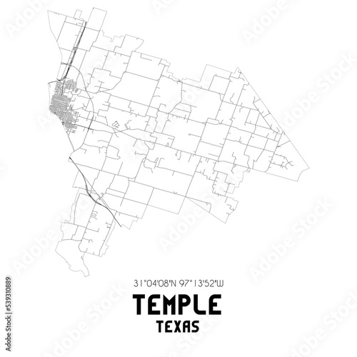 Temple Texas. US street map with black and white lines.