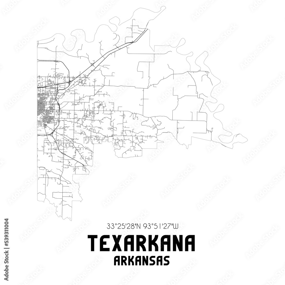 Texarkana Arkansas. US street map with black and white lines.