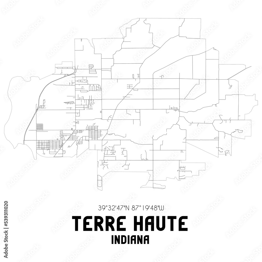 Terre Haute Indiana. US street map with black and white lines.