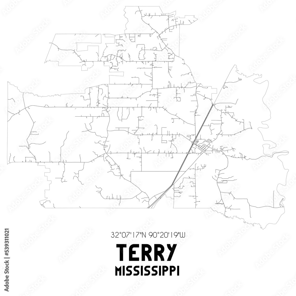Terry Mississippi. US street map with black and white lines.