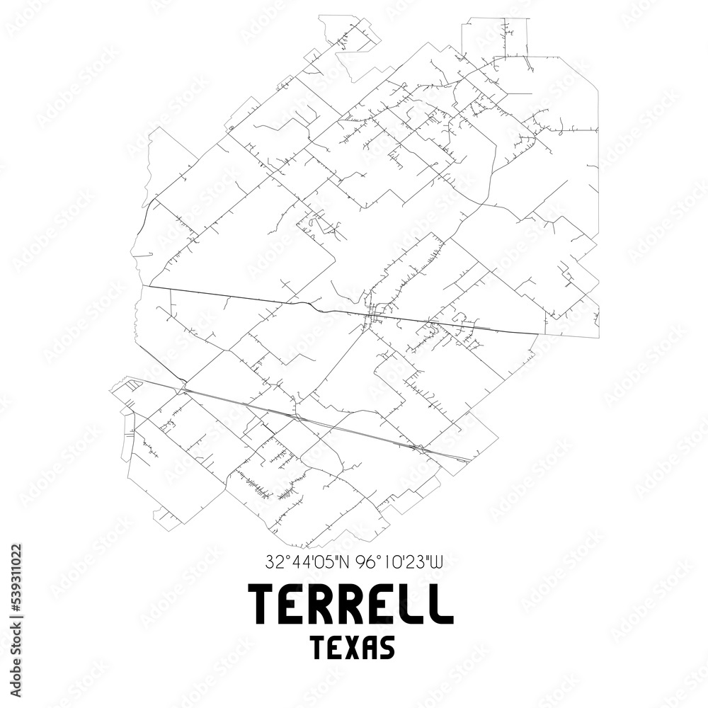 Terrell Texas. US street map with black and white lines.