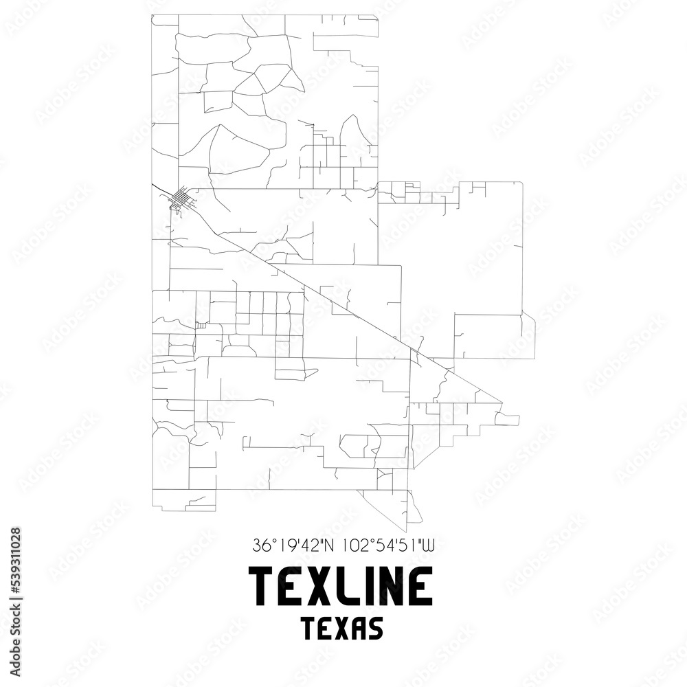 Texline Texas. US street map with black and white lines.
