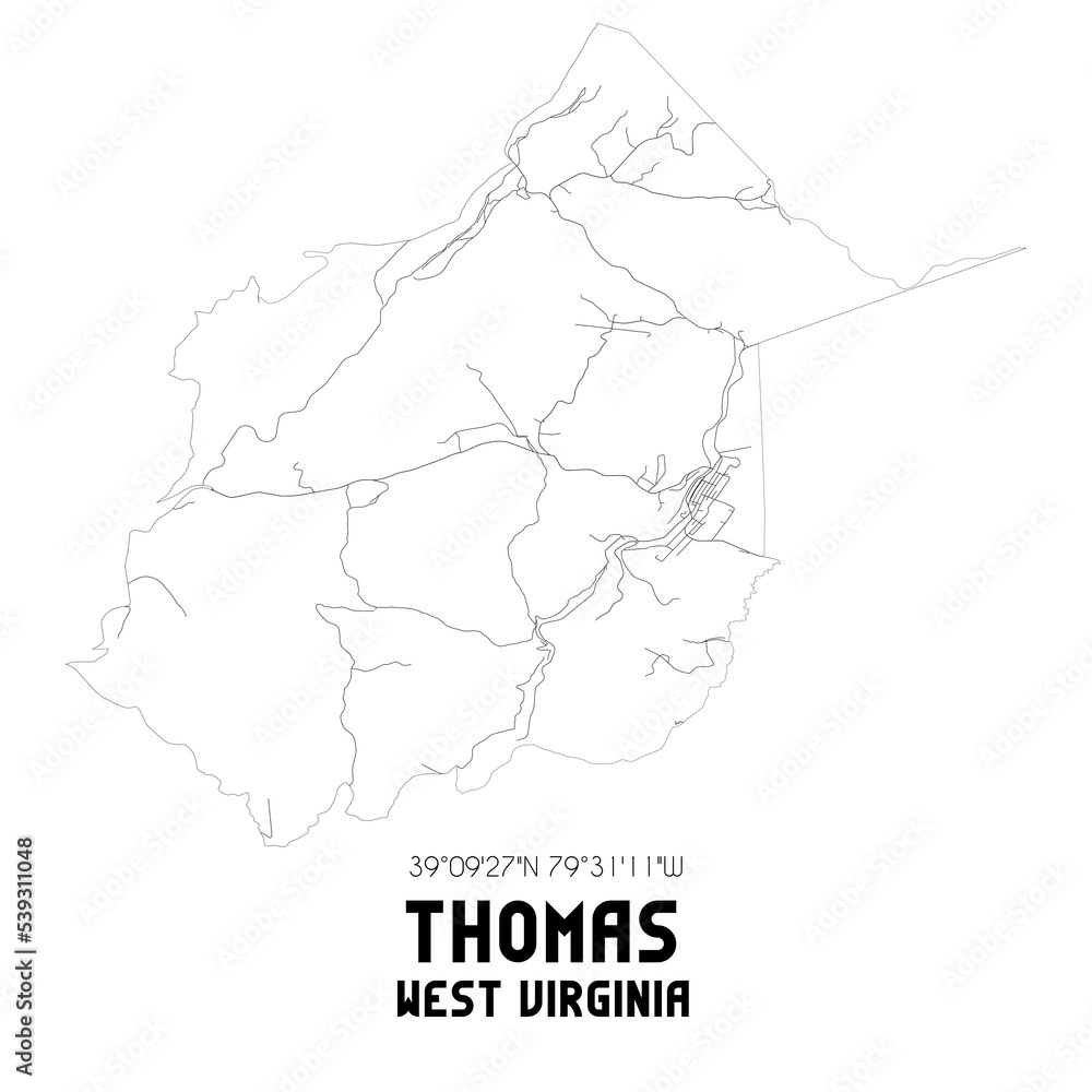 Thomas West Virginia. US street map with black and white lines.