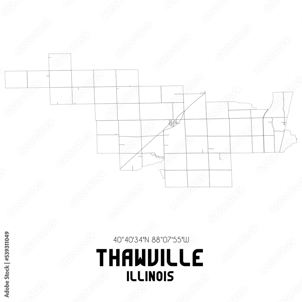 Thawville Illinois. US street map with black and white lines.