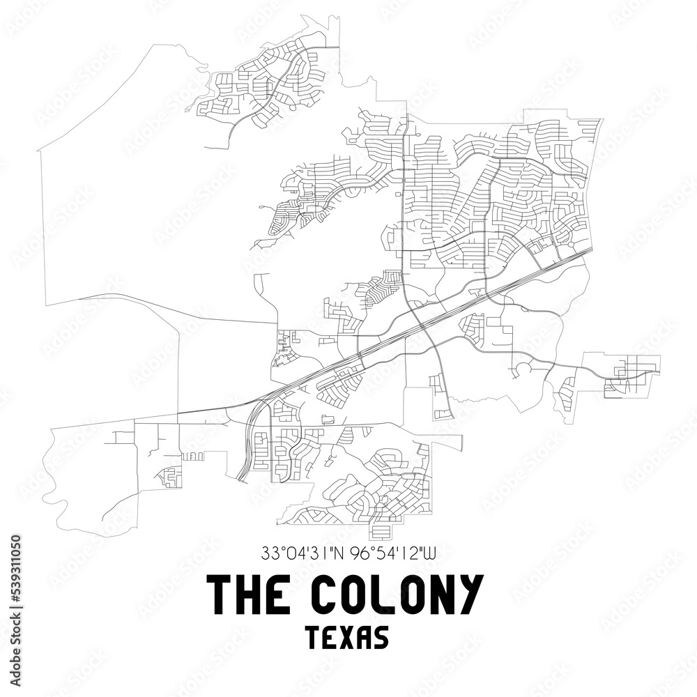 The Colony Texas. US street map with black and white lines.