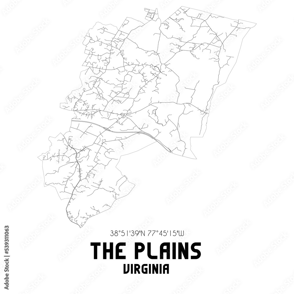 The Plains Virginia. US street map with black and white lines.