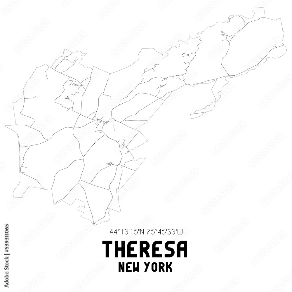 Theresa New York. US street map with black and white lines.