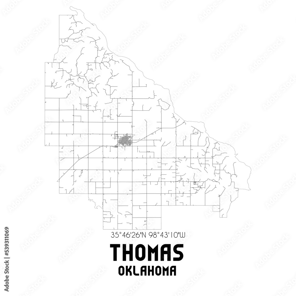Thomas Oklahoma. US street map with black and white lines.
