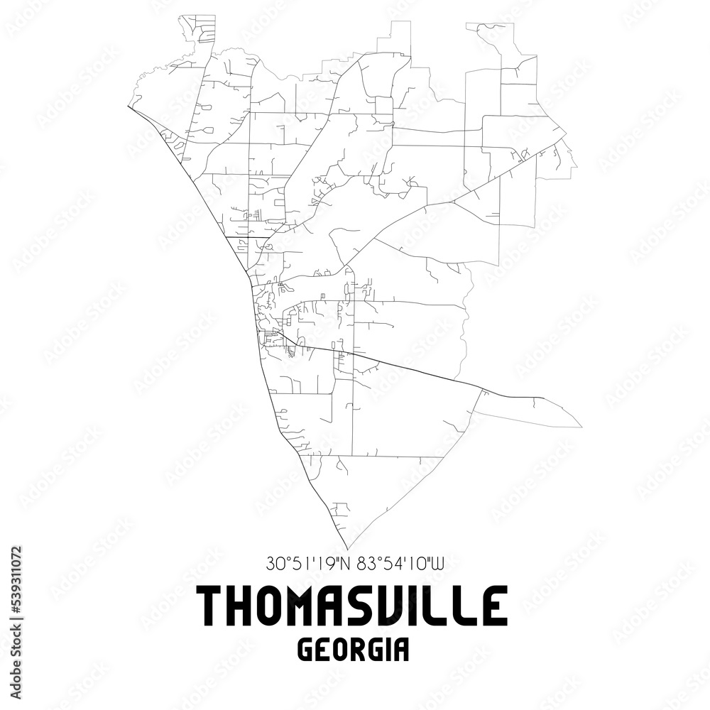 Thomasville Georgia. US street map with black and white lines.