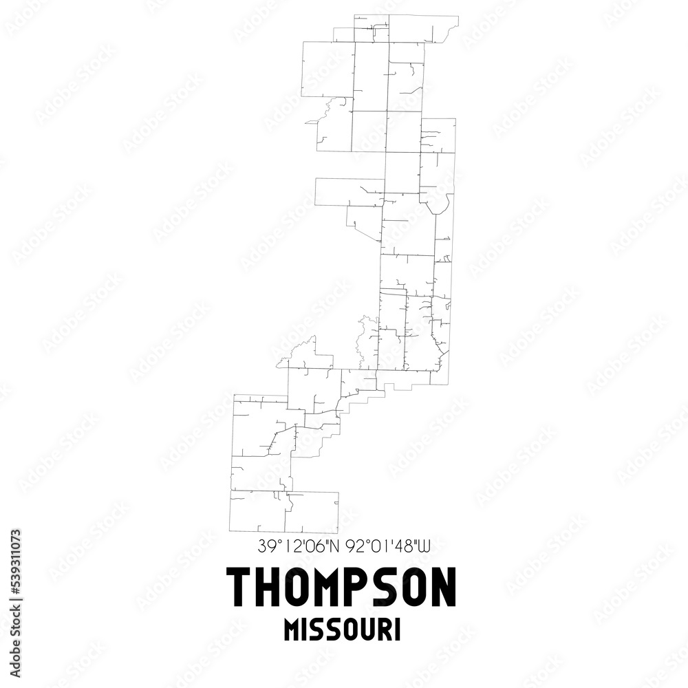 Thompson Missouri. US street map with black and white lines.
