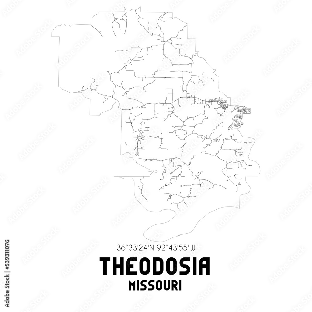 Theodosia Missouri. US street map with black and white lines.