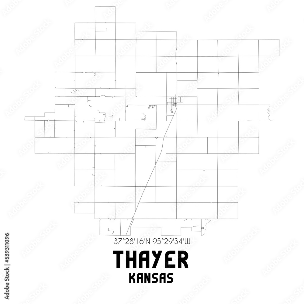 Thayer Kansas. US street map with black and white lines.