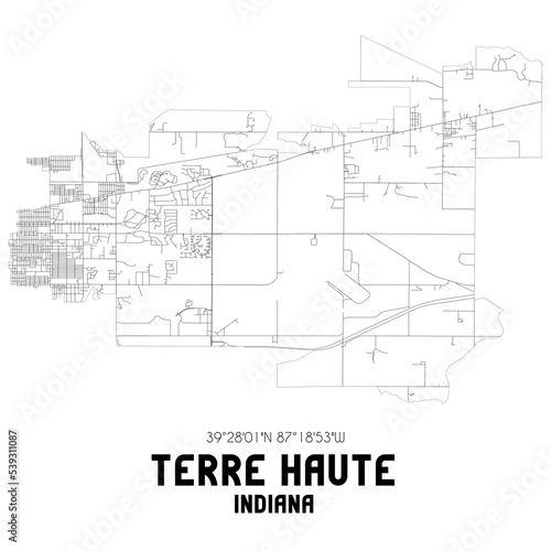 Terre Haute Indiana. US street map with black and white lines.