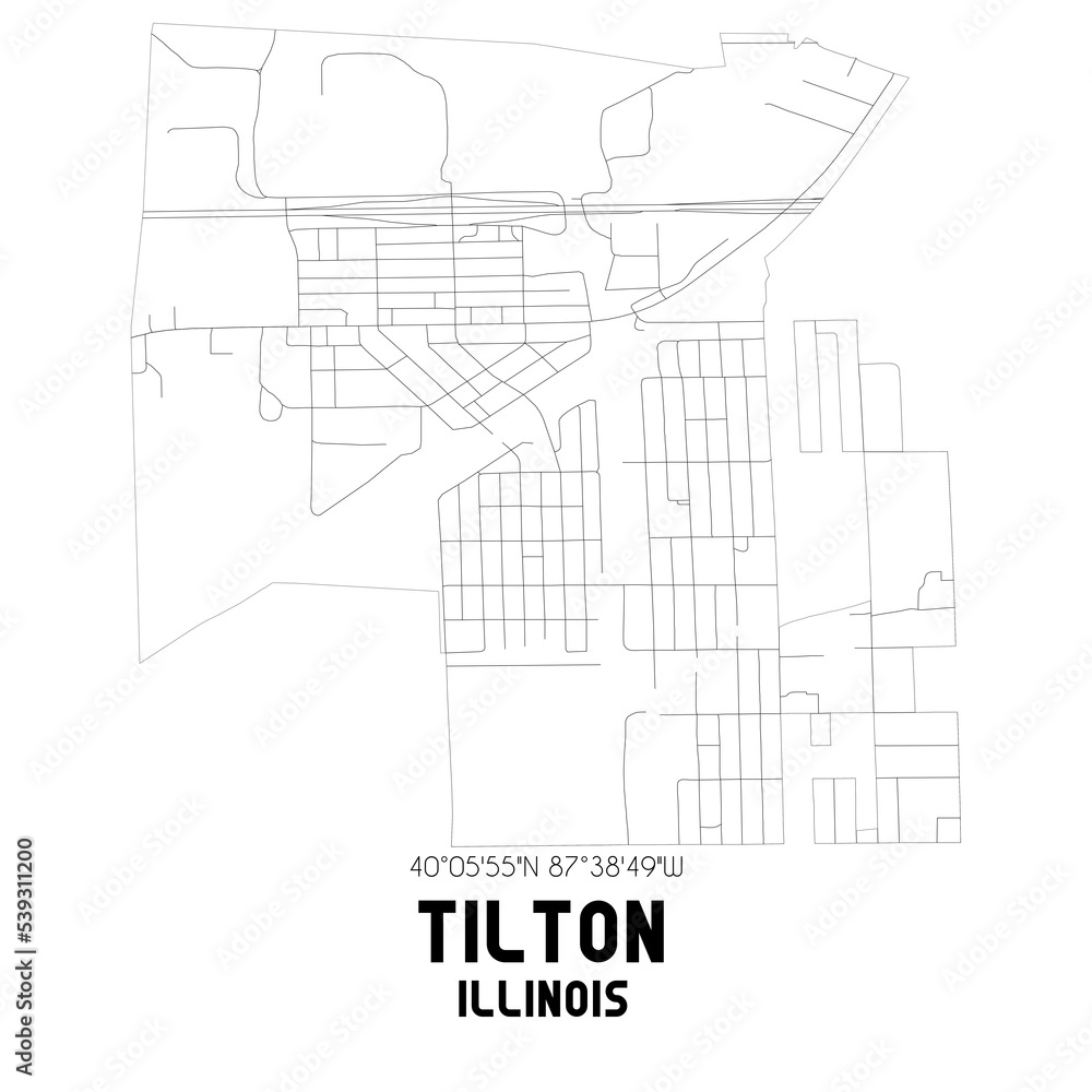Tilton Illinois. US street map with black and white lines.